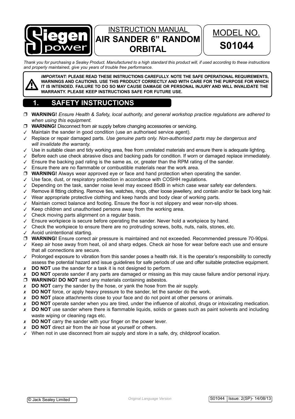 Sealey S01044 User Manual | 5 pages