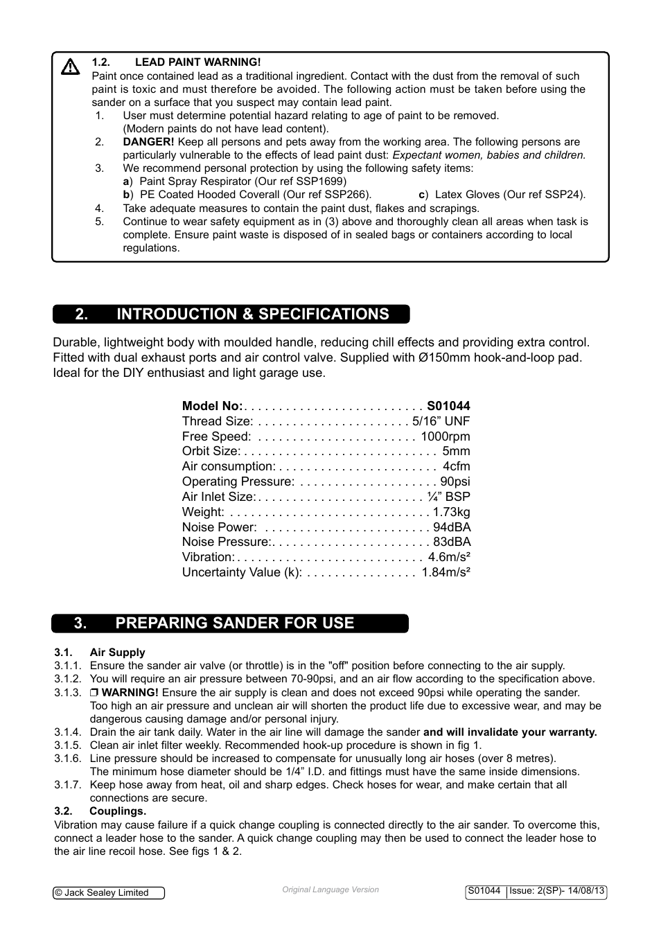 Introduction & specifications, Preparing sander for use | Sealey S01044 User Manual | Page 2 / 5