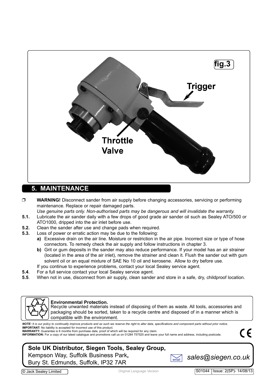 Fig.3, Sales@siegen.co.uk, Maintenance | Sealey S01044 User Manual | Page 4 / 5