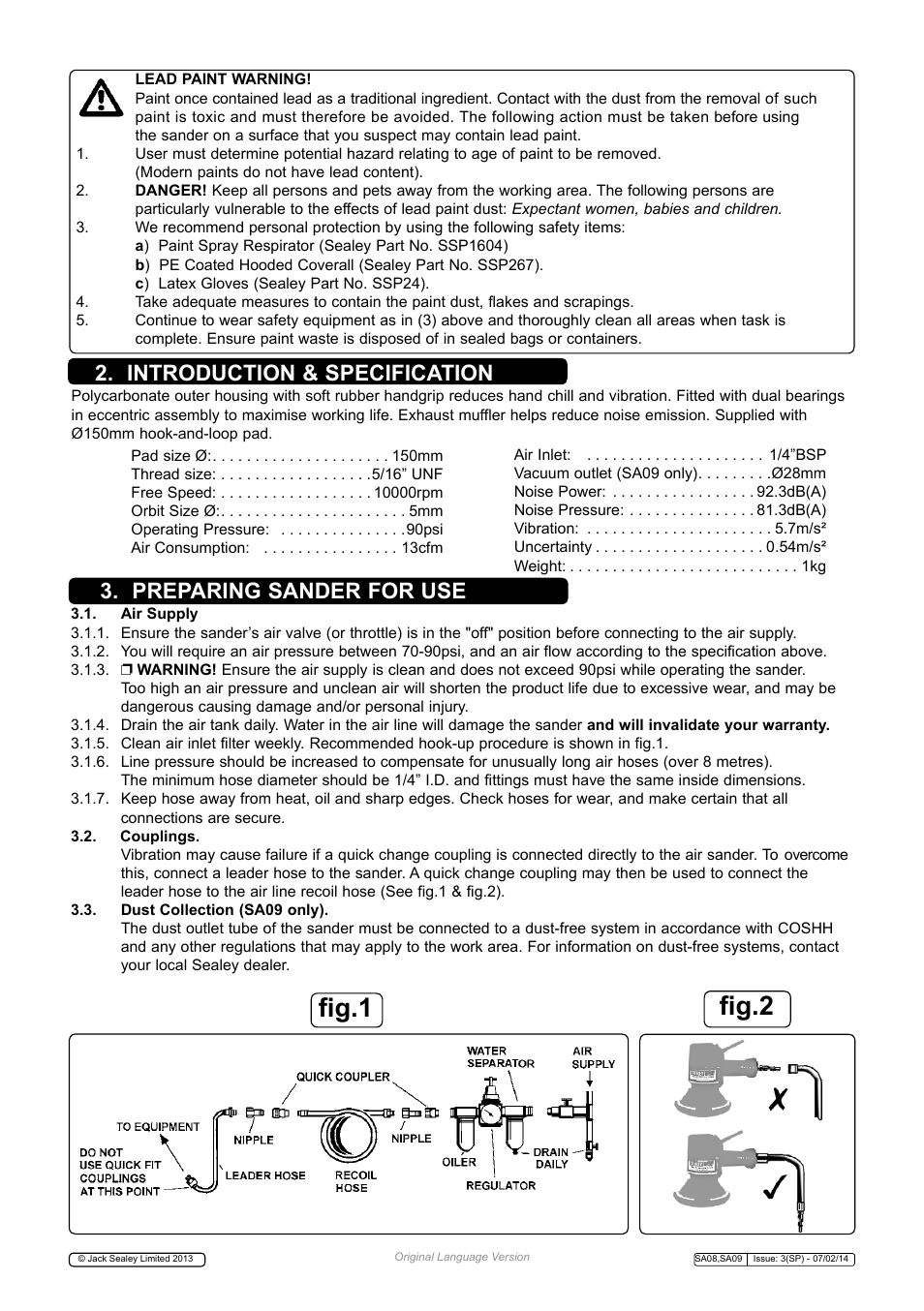 Fig.1, Fig.2, Introduction & specification | Preparing sander for use | Sealey SA08 User Manual | Page 2 / 4