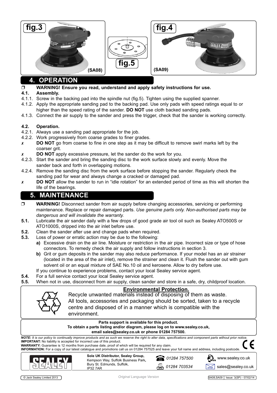 Fig.3, Fig.4, Fig.5 | Operation 5. maintenance | Sealey SA08 User Manual | Page 3 / 4