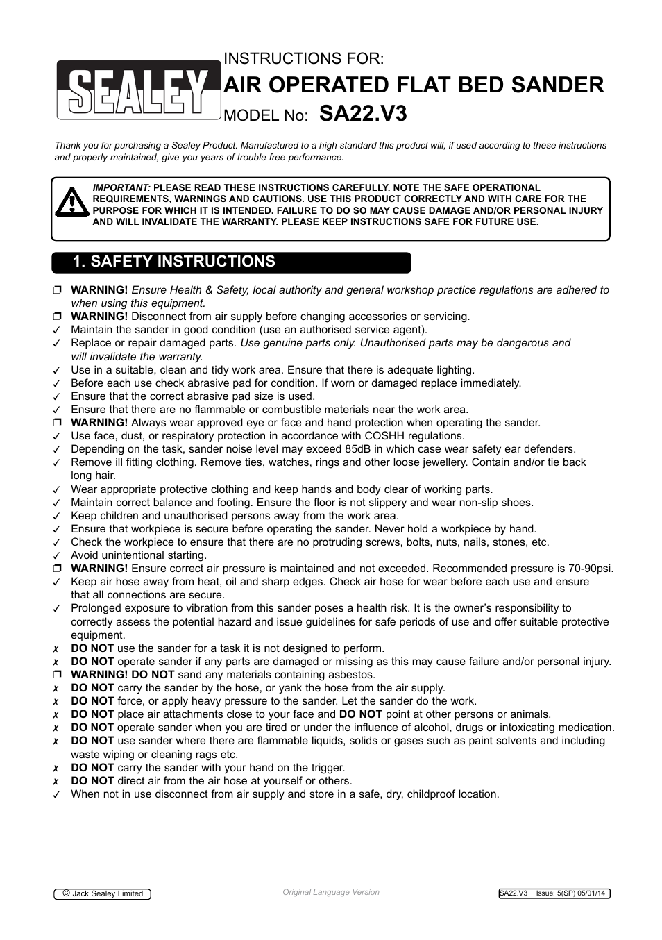 Sealey SA22 User Manual | 4 pages