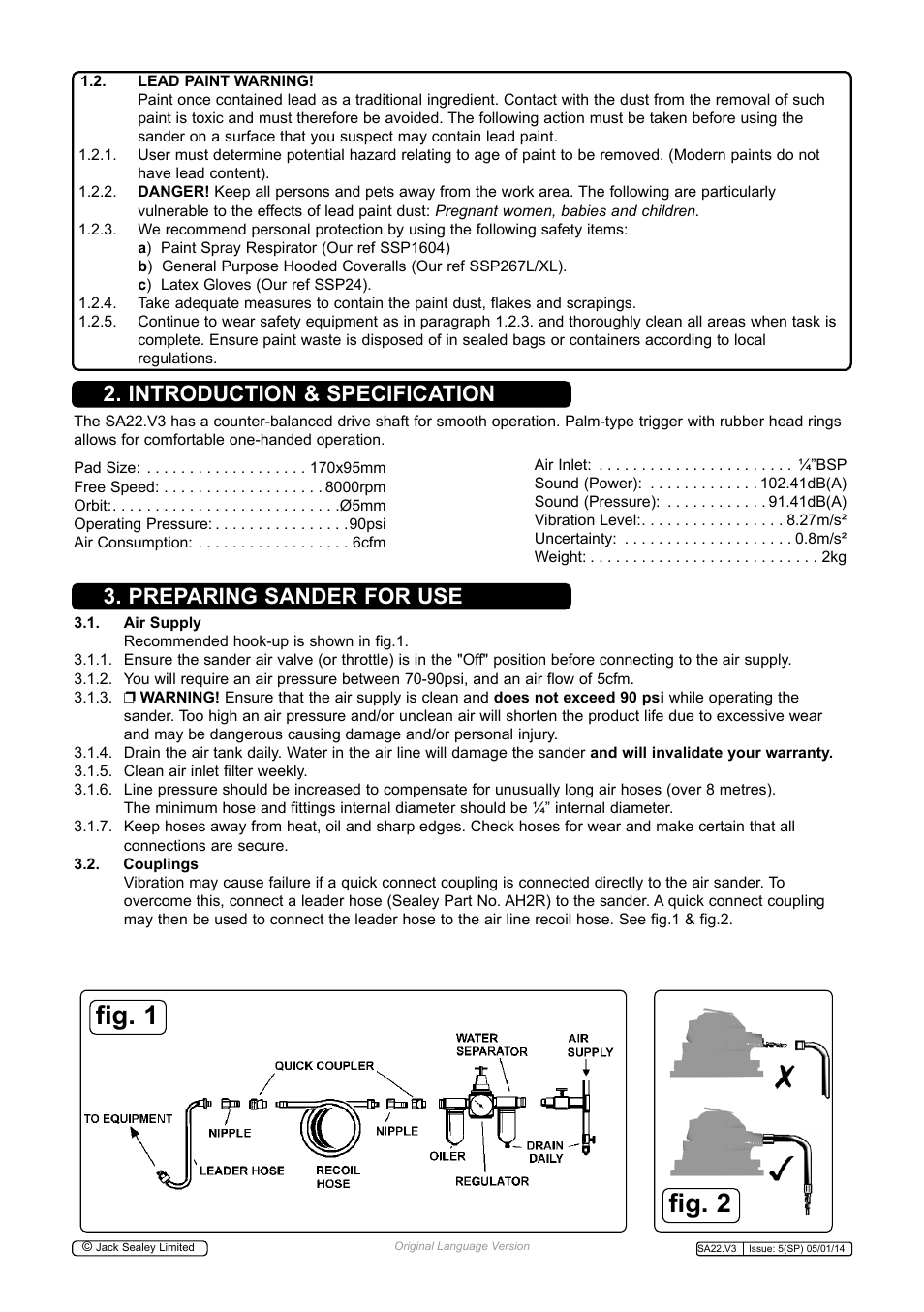 Fig. 1 fig. 2, Introduction & specification, Preparing sander for use | Sealey SA22 User Manual | Page 2 / 4