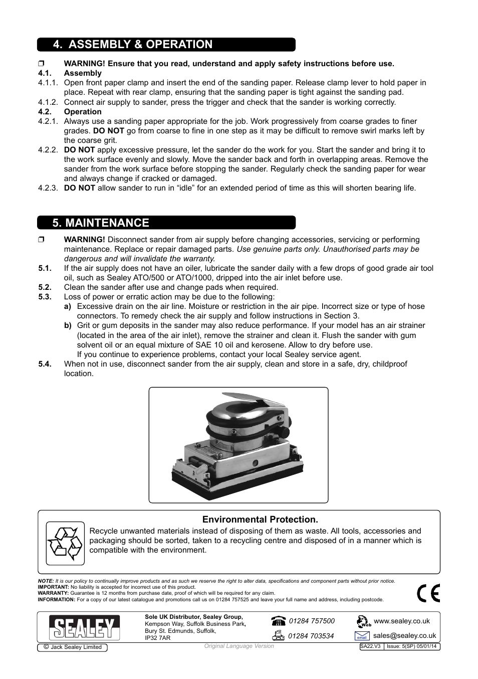 Assembly & operation 5. maintenance, Environmental protection | Sealey SA22 User Manual | Page 3 / 4