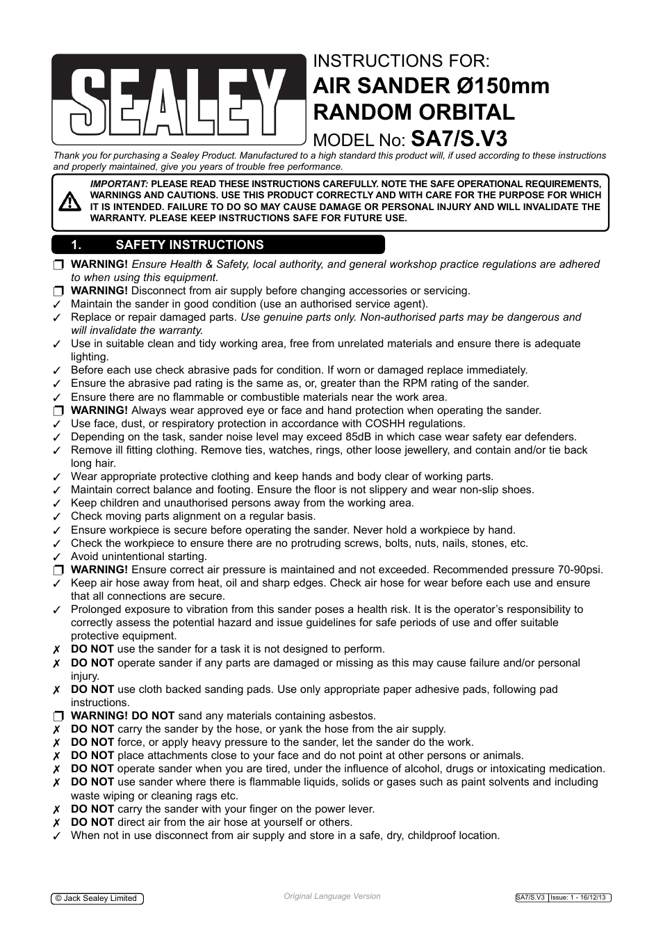 Sealey SA7/S User Manual | 4 pages