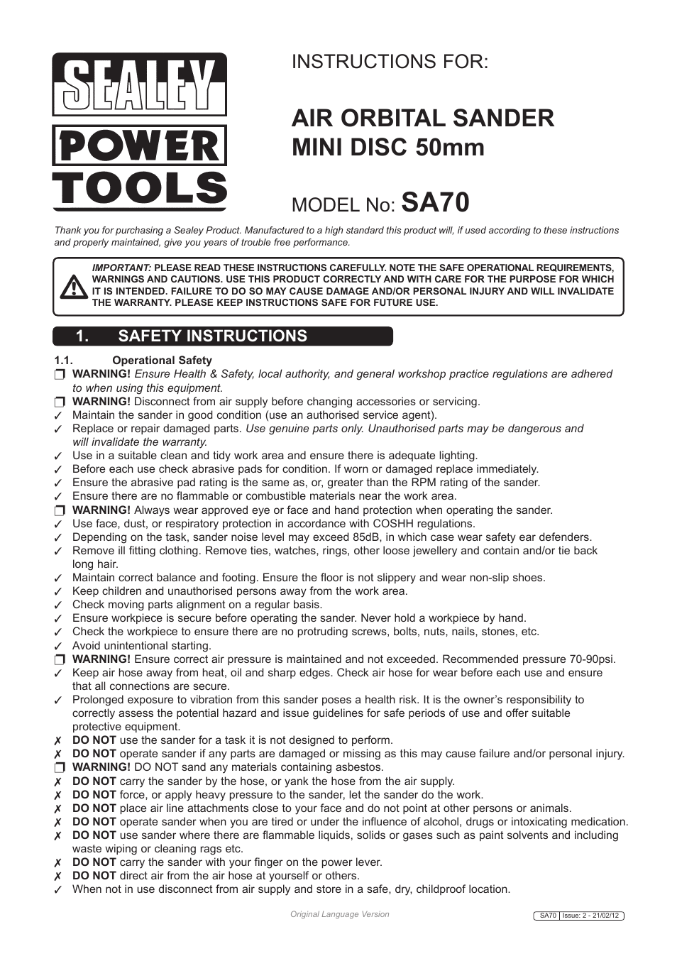 Sealey SA70 User Manual | 3 pages