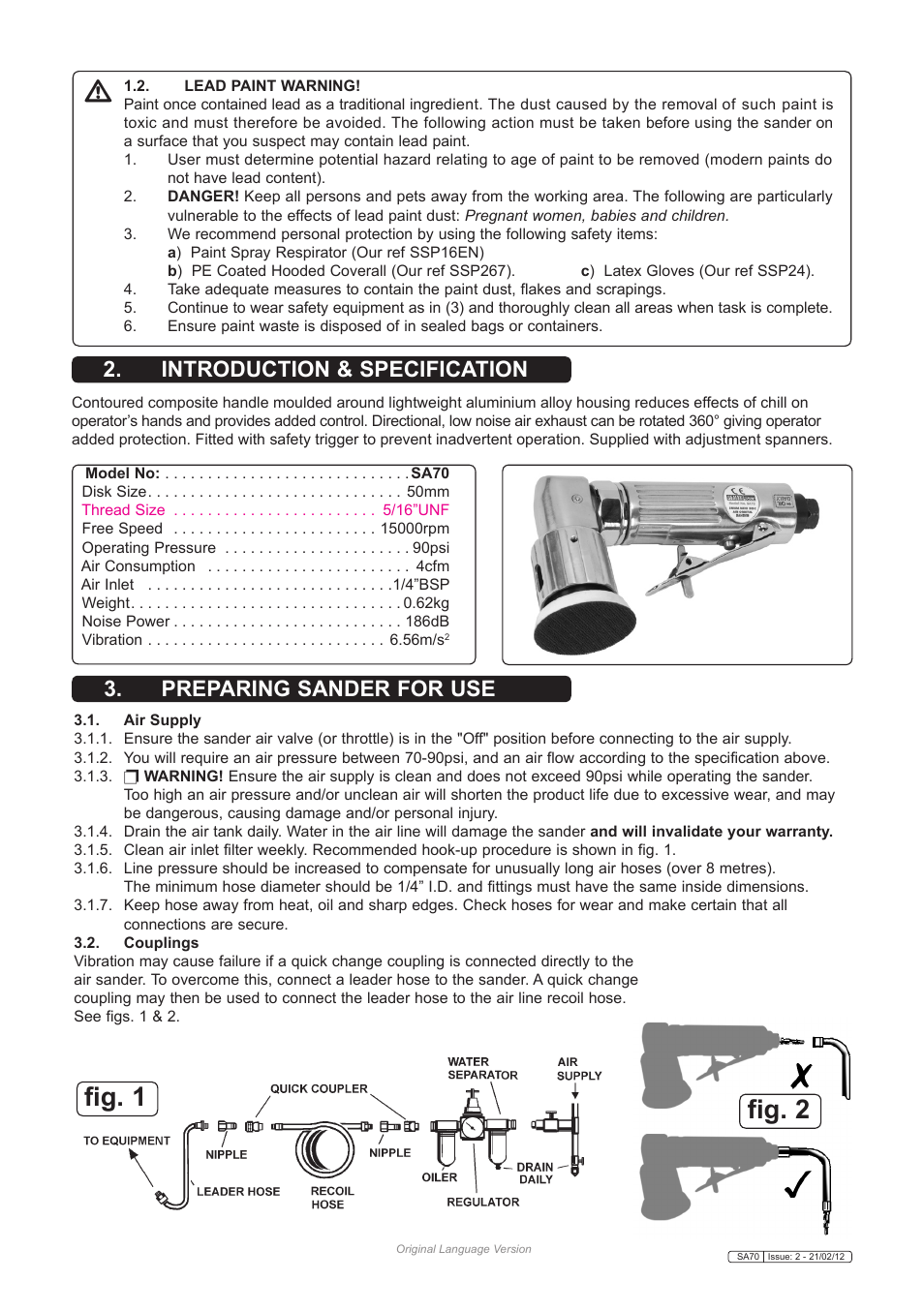 Fig. 1, Fig. 2, Introduction & specification | Preparing sander for use | Sealey SA70 User Manual | Page 2 / 3