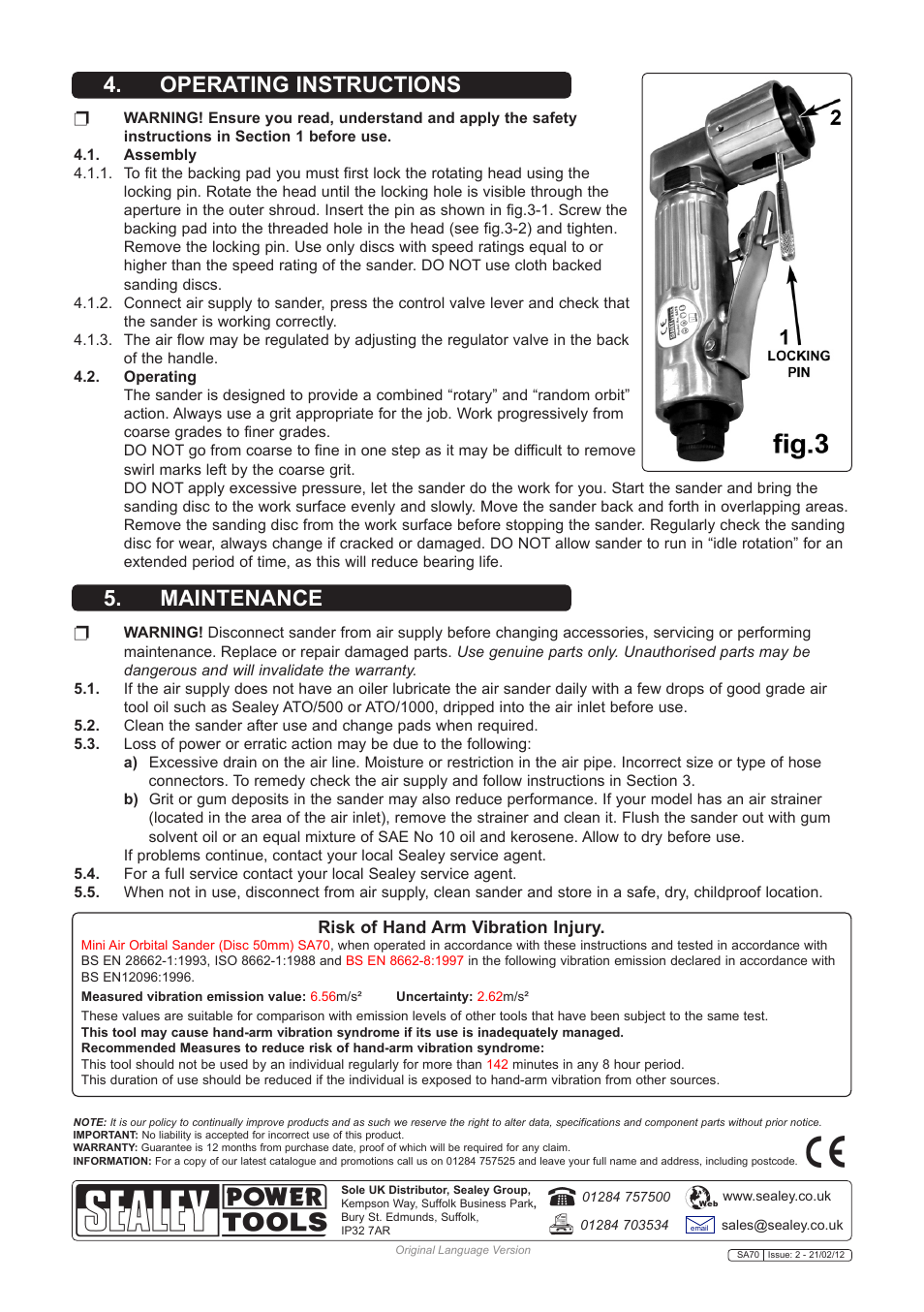 Operating instructions 5. maintenance, Risk of hand arm vibration injury | Sealey SA70 User Manual | Page 3 / 3