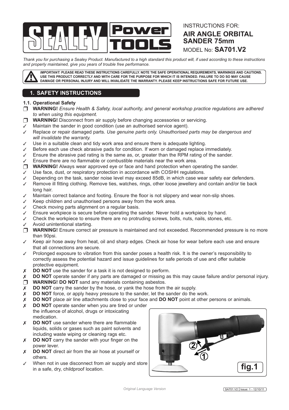 Sealey SA701 User Manual | 3 pages