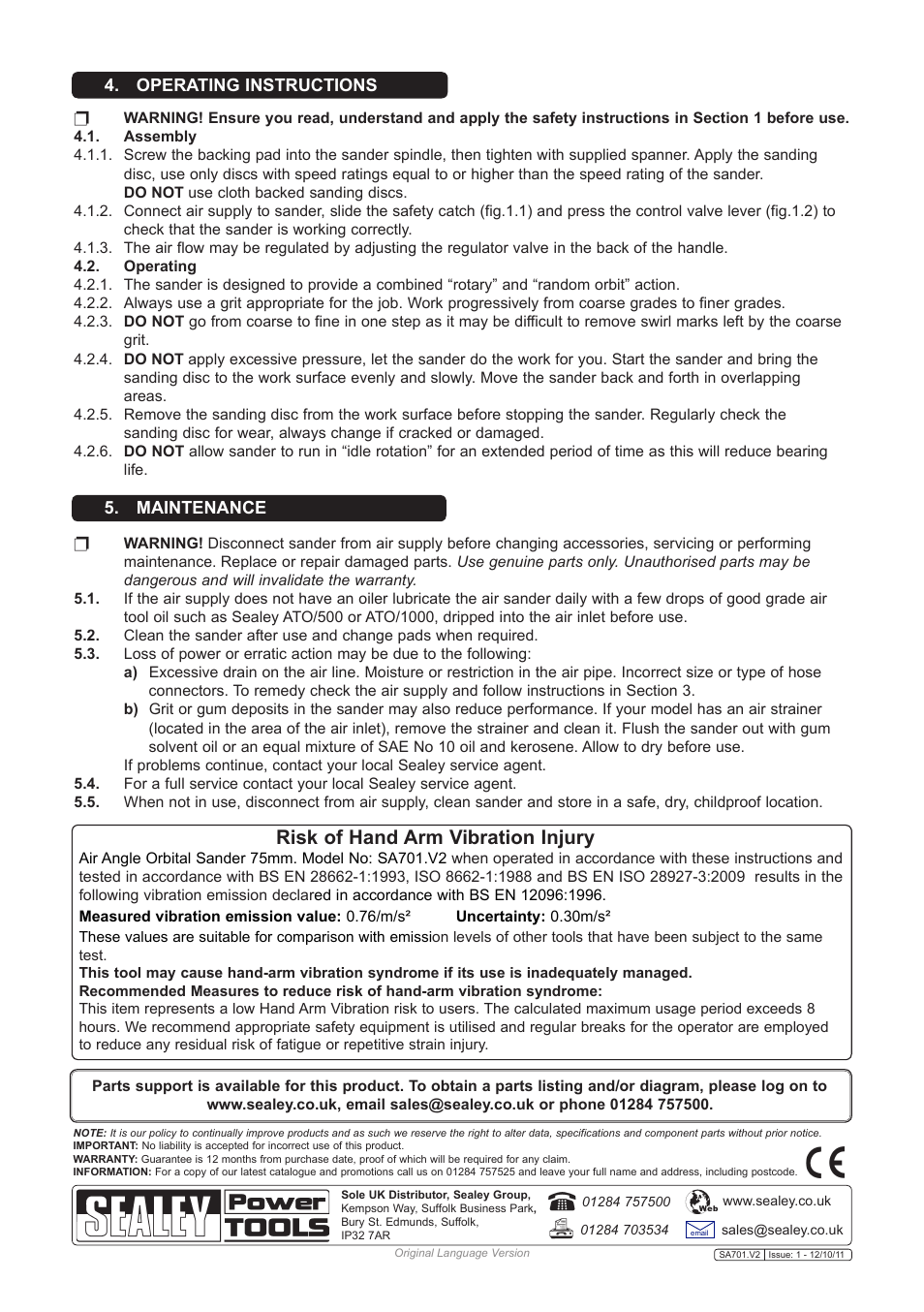 Risk of hand arm vibration injury, Operating instructions 5. maintenance | Sealey SA701 User Manual | Page 3 / 3