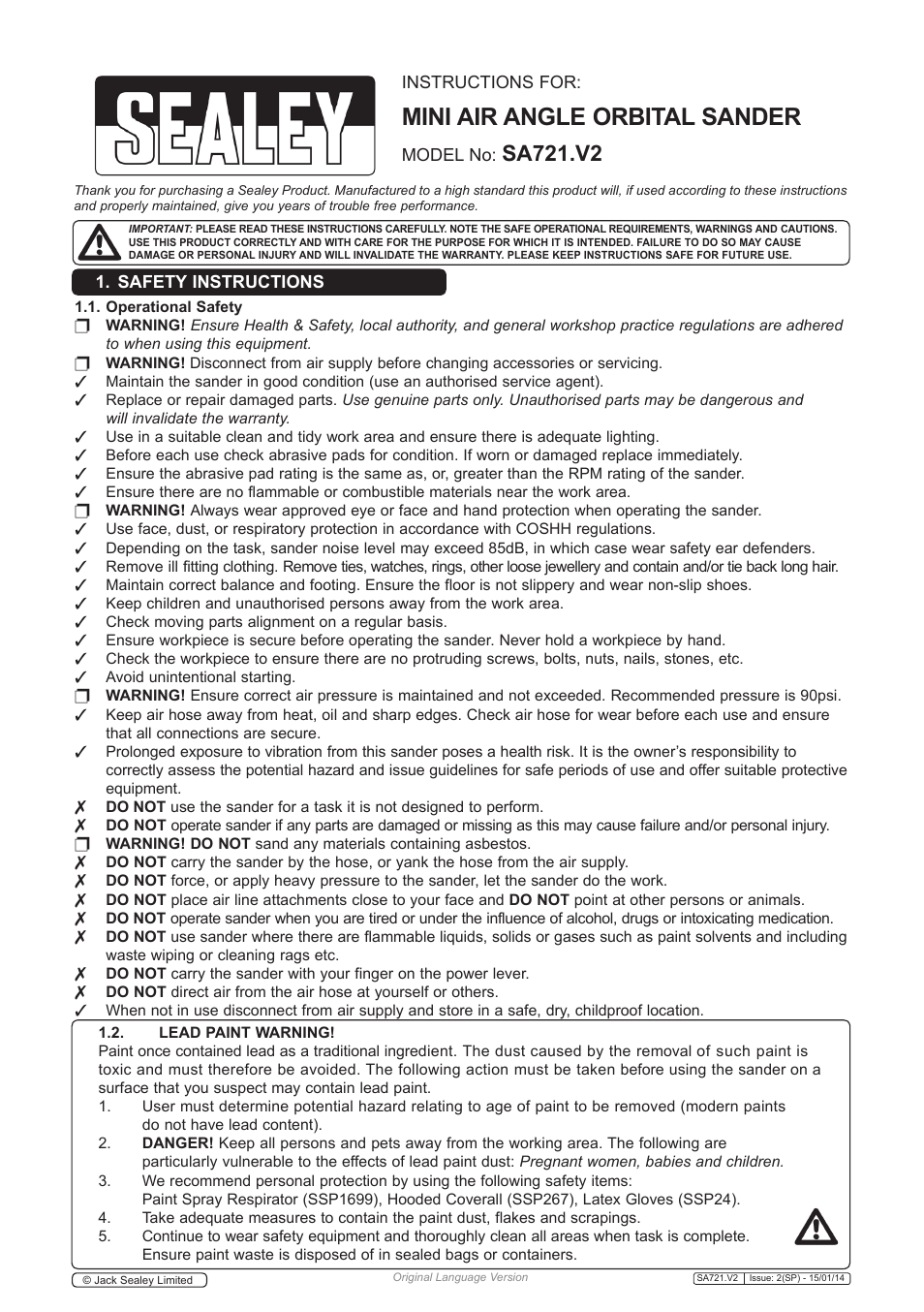 Sealey SA721 User Manual | 4 pages