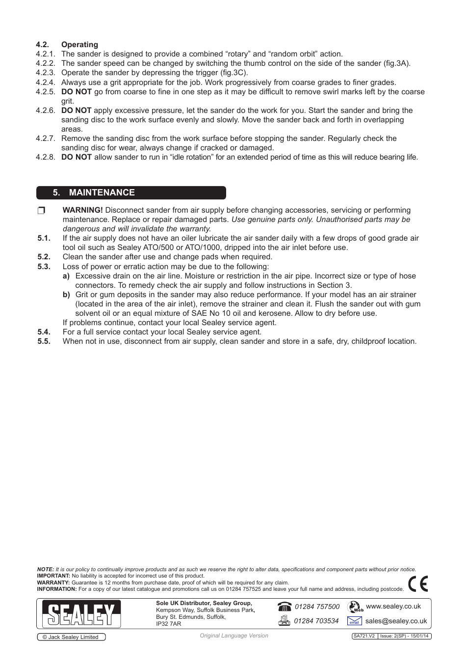 Maintenance | Sealey SA721 User Manual | Page 3 / 4