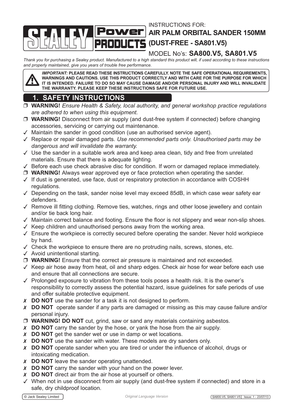 Sealey SA800 User Manual | 4 pages