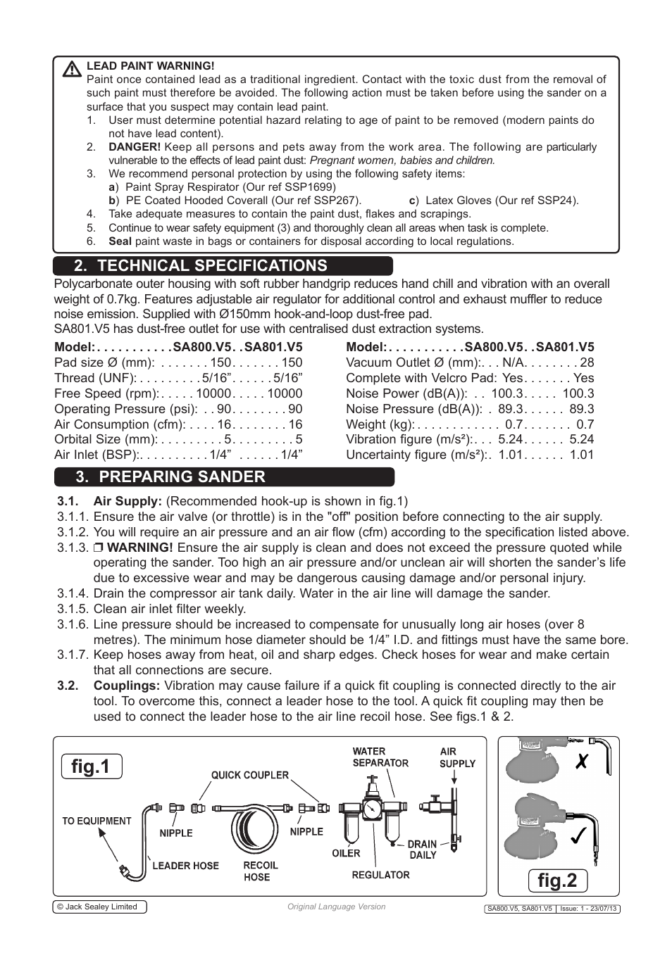 Fig.2 fig.1, Preparing sander 2. technical specifications | Sealey SA800 User Manual | Page 2 / 4