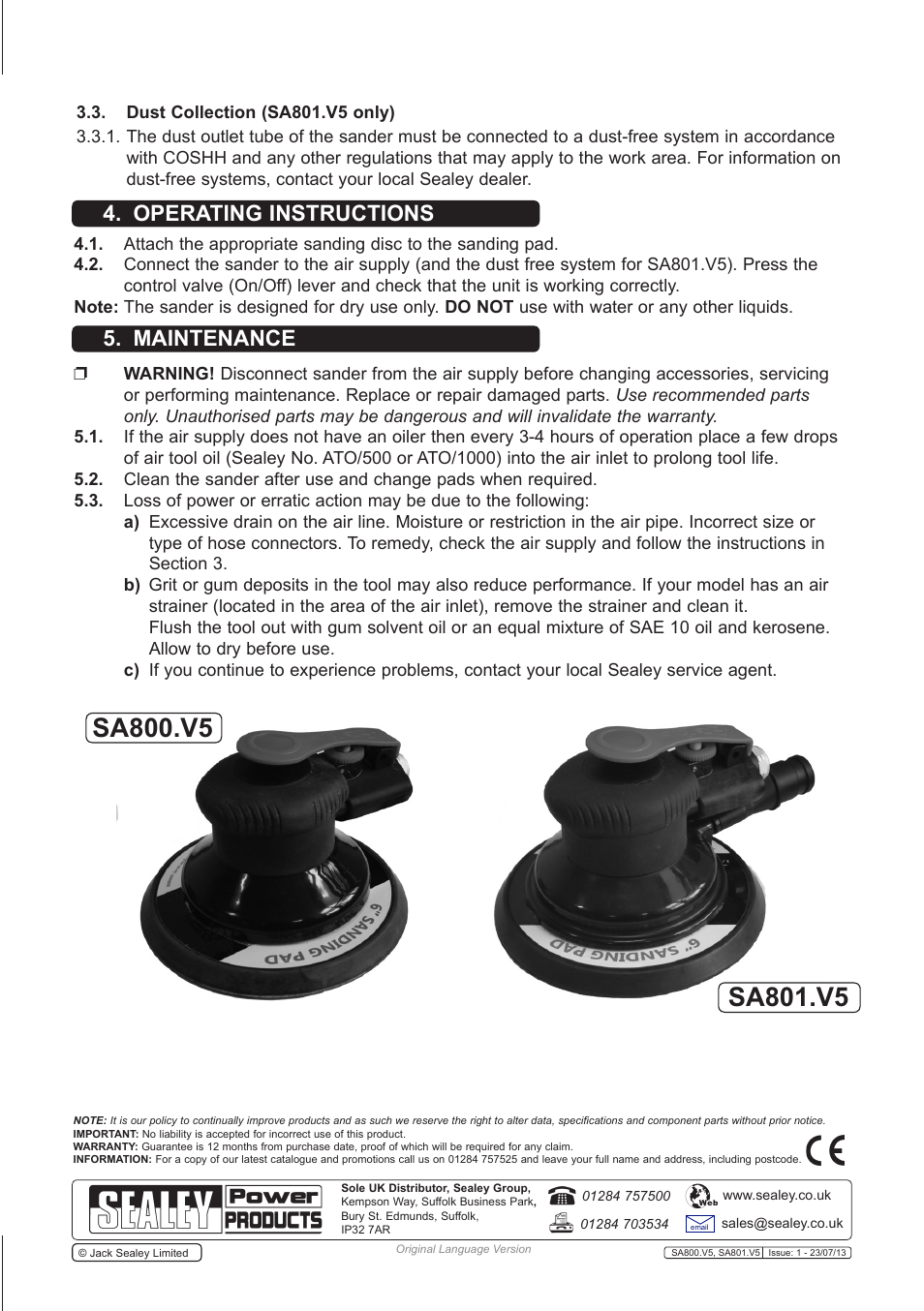 Operating instructions 5. maintenance | Sealey SA800 User Manual | Page 3 / 4