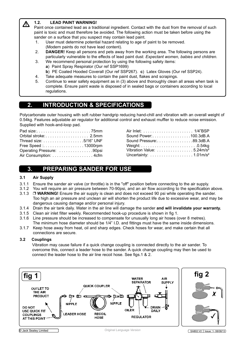 Fig 1, Fig 2, Introduction & specifications | Preparing sander for use | Sealey SA802 User Manual | Page 2 / 4