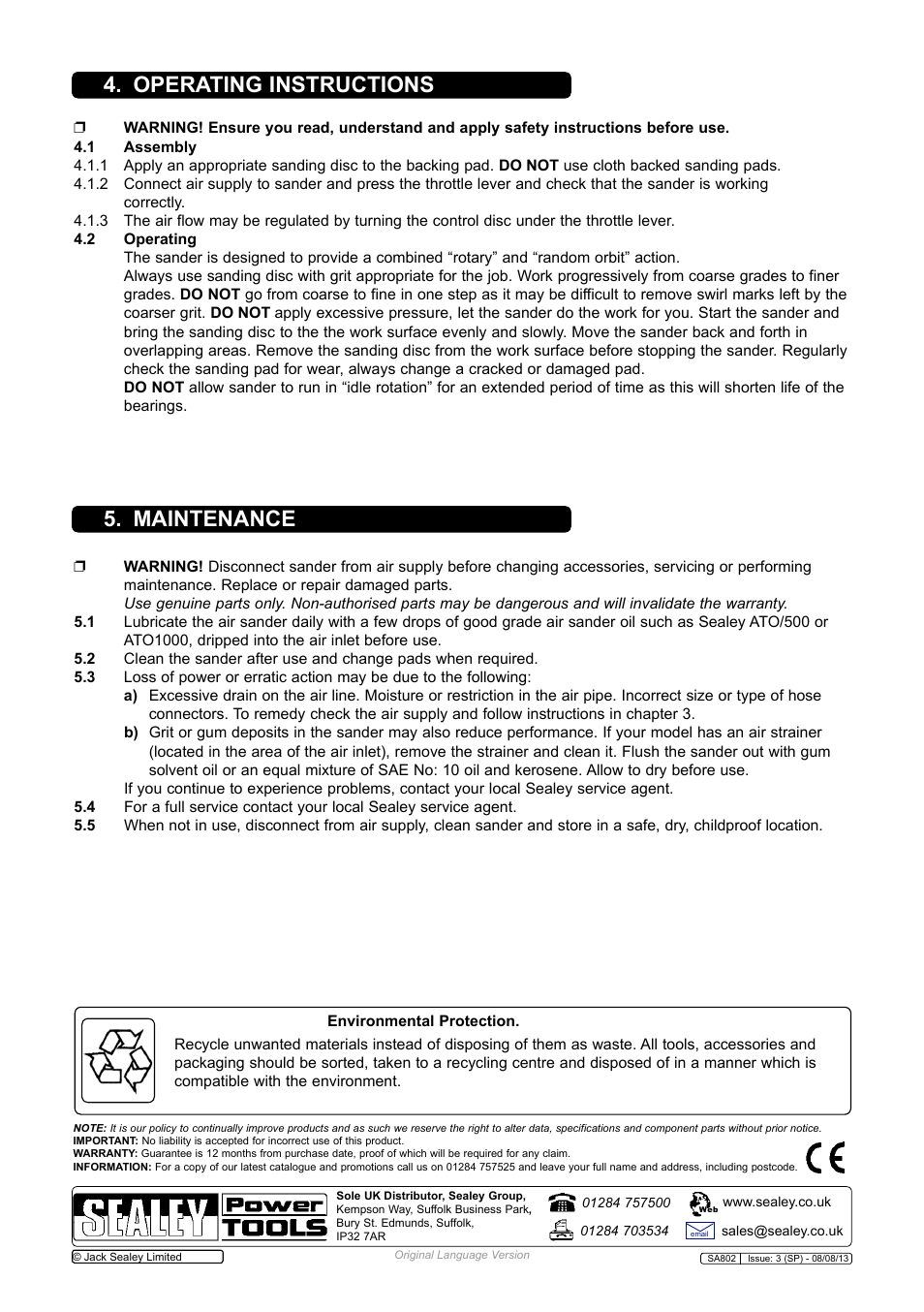 Operating instructions 5. maintenance | Sealey SA802 User Manual | Page 3 / 4