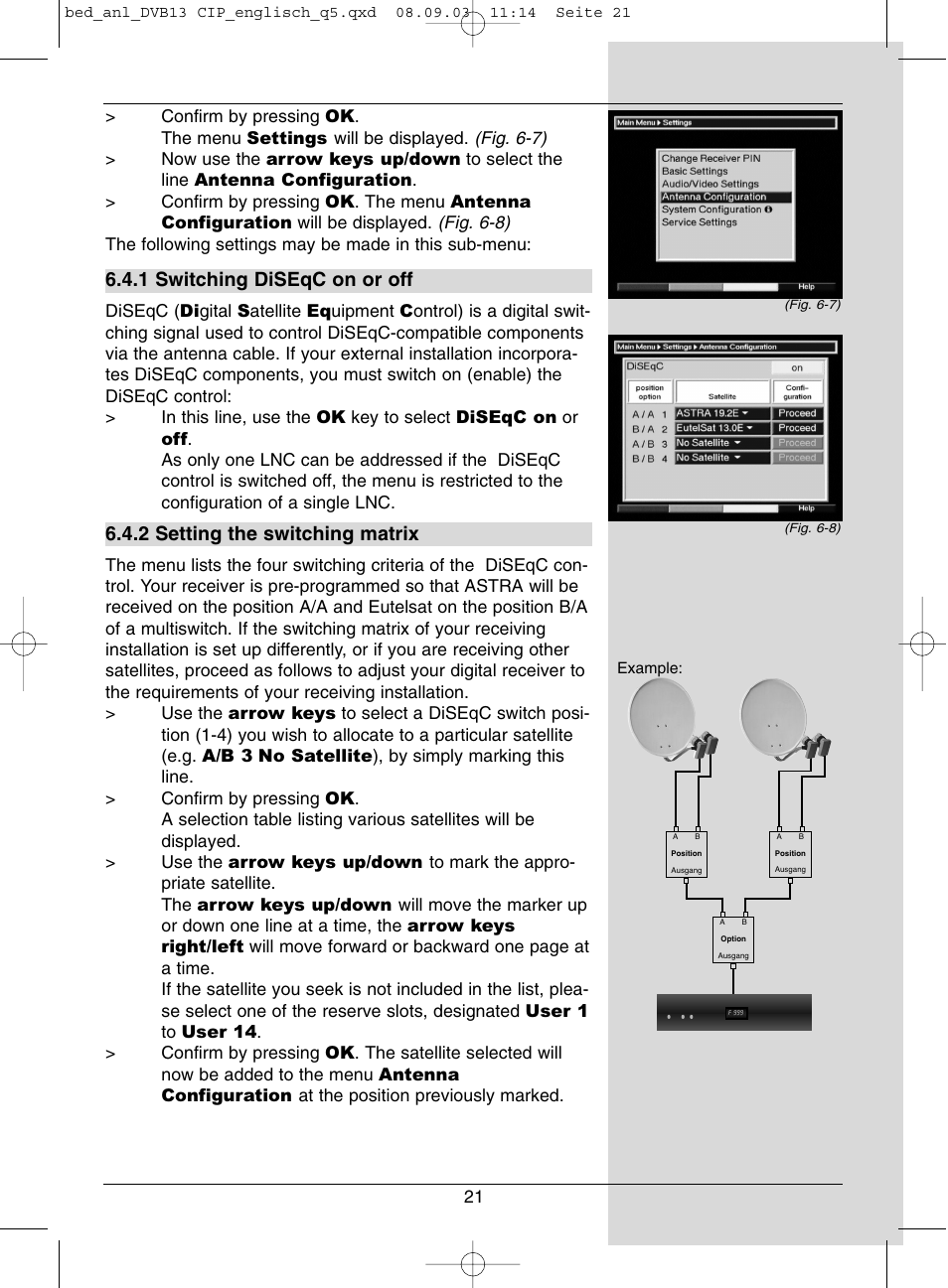 1 switching diseqc on or off, 2 setting the switching matrix | Dolby Laboratories Digital-Satellite-Receiver User Manual | Page 21 / 66