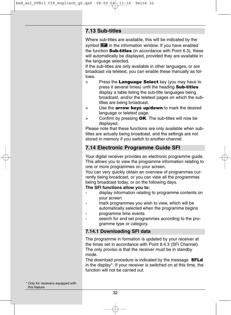 13 sub-titles, 14 electronic programme guide sfi | Dolby Laboratories Digital-Satellite-Receiver User Manual | Page 32 / 66