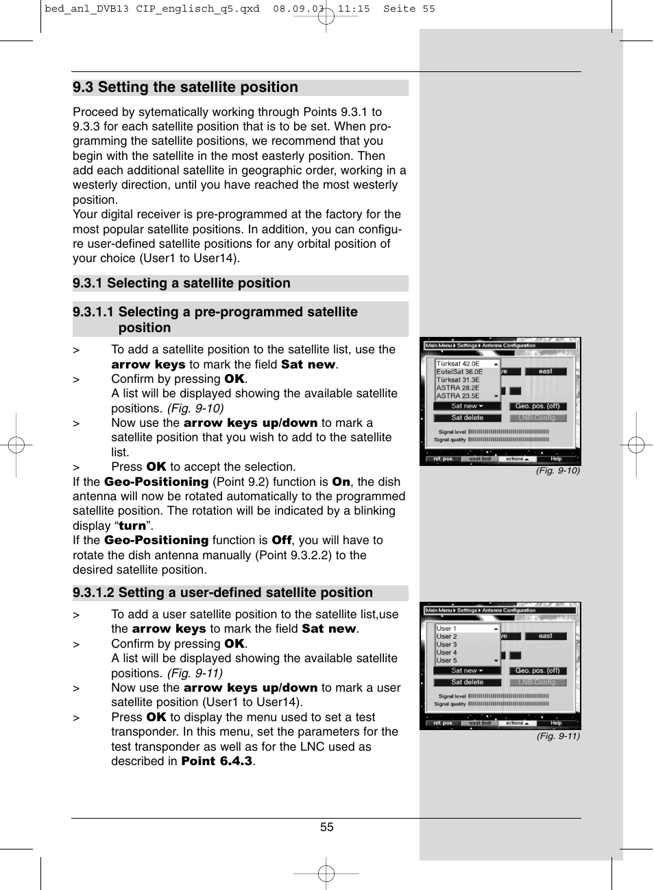 3 setting the satellite position | Dolby Laboratories Digital-Satellite-Receiver User Manual | Page 55 / 66