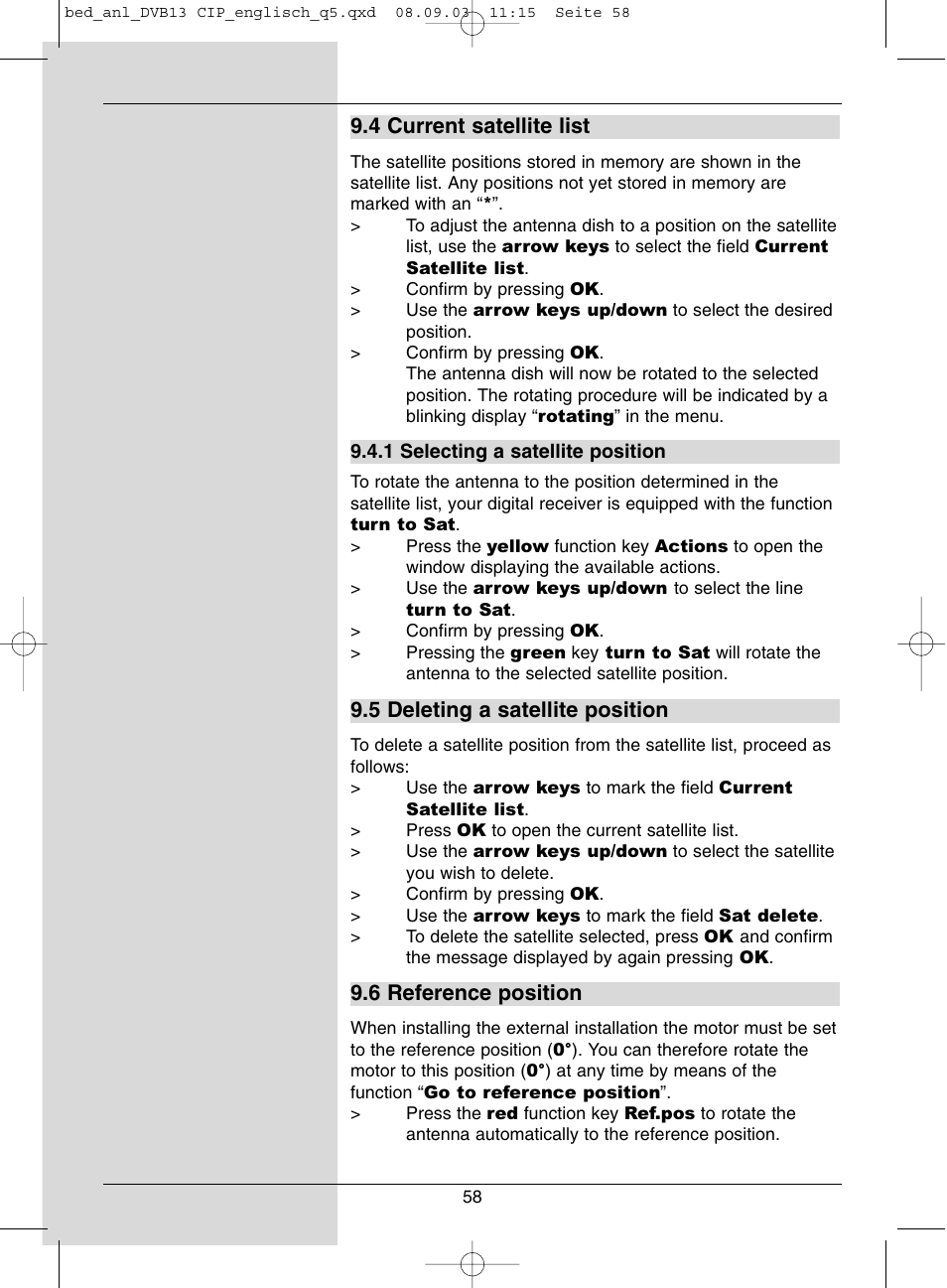 4 current satellite list, 5 deleting a satellite position, 6 reference position | Dolby Laboratories Digital-Satellite-Receiver User Manual | Page 58 / 66