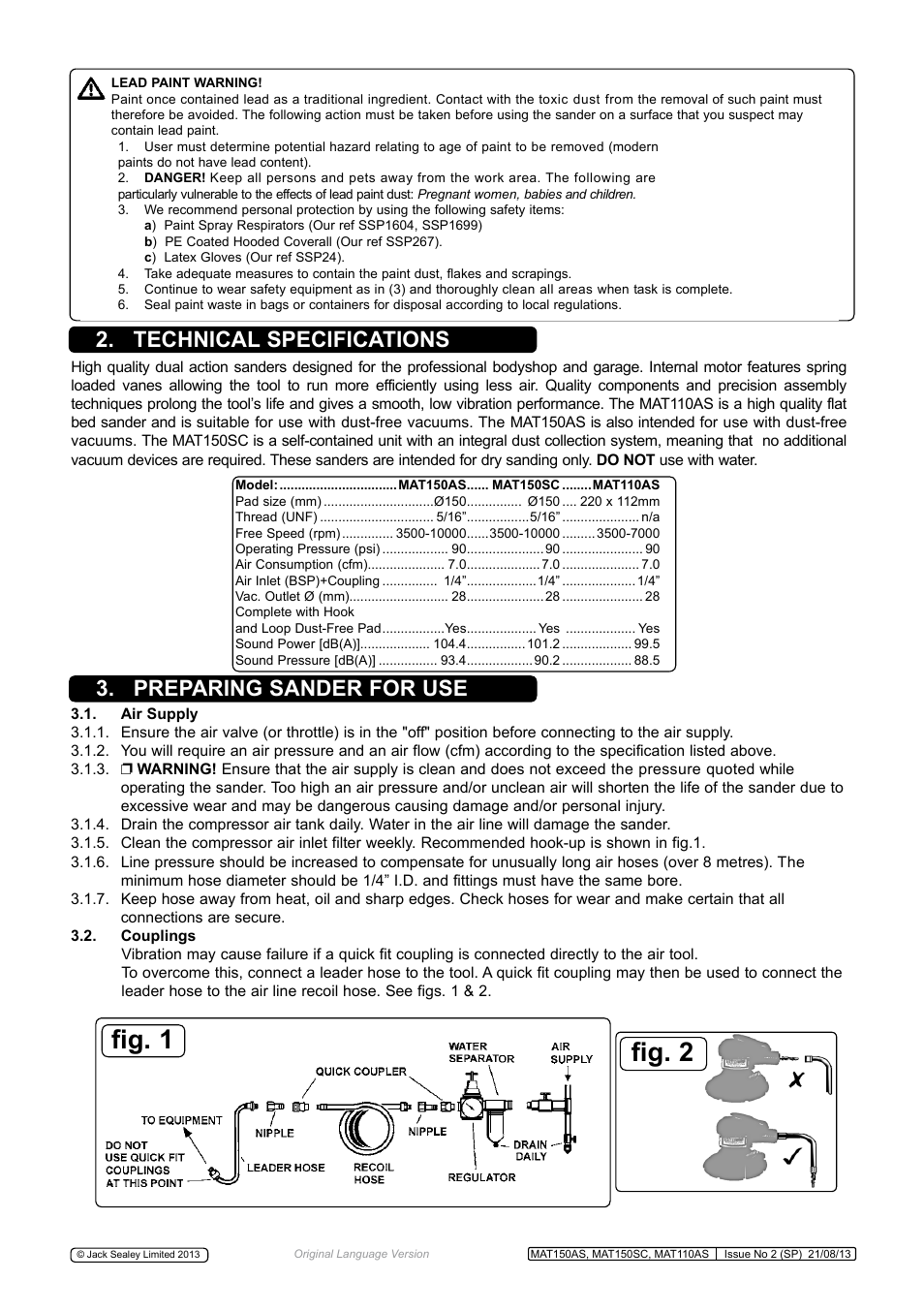 Fig. 2 fig. 1, Technical specifications, Preparing sander for use | Sealey MAT150AS User Manual | Page 2 / 4