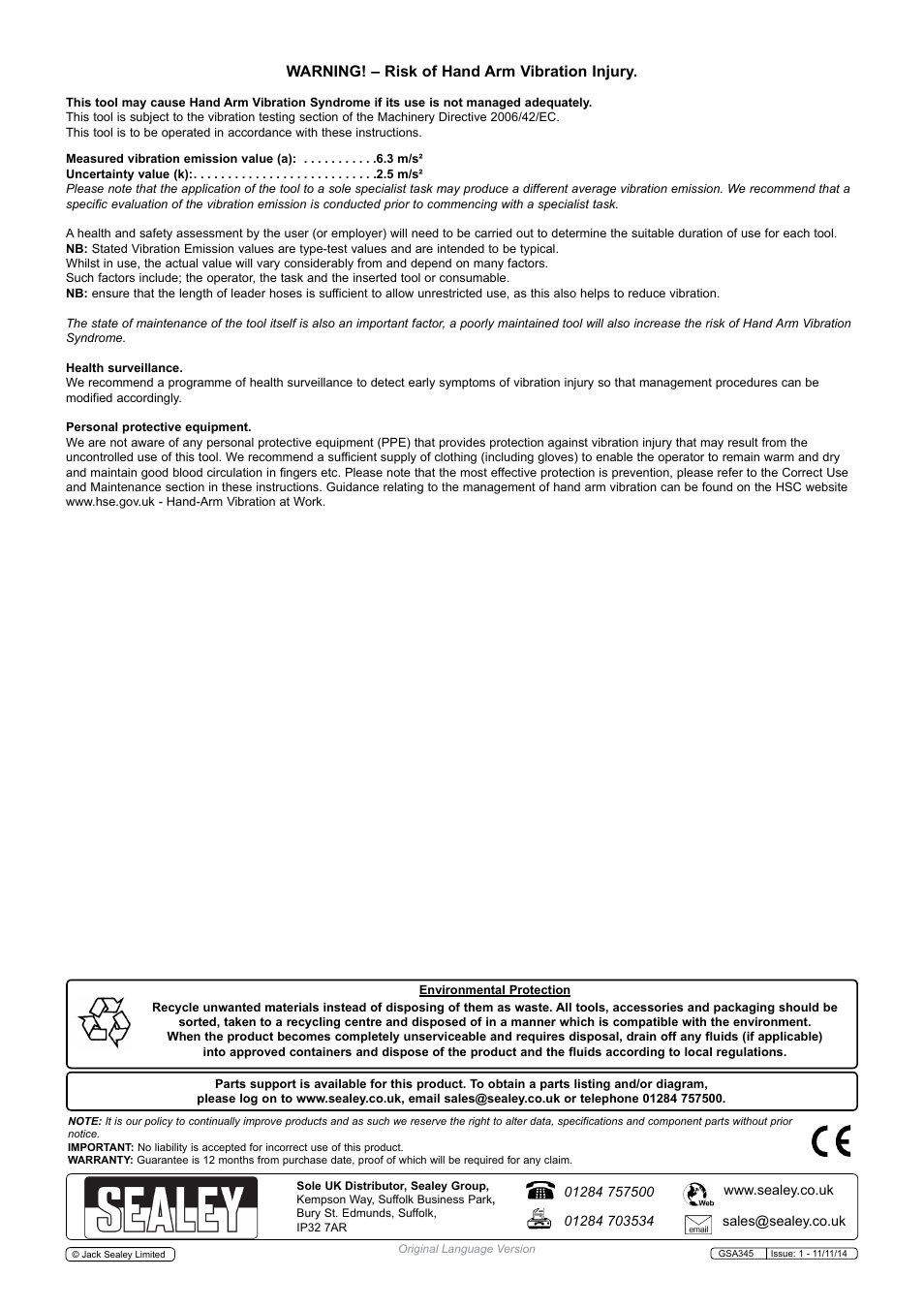 Warning! – risk of hand arm vibration injury | Sealey GSA345 User Manual | Page 3 / 3