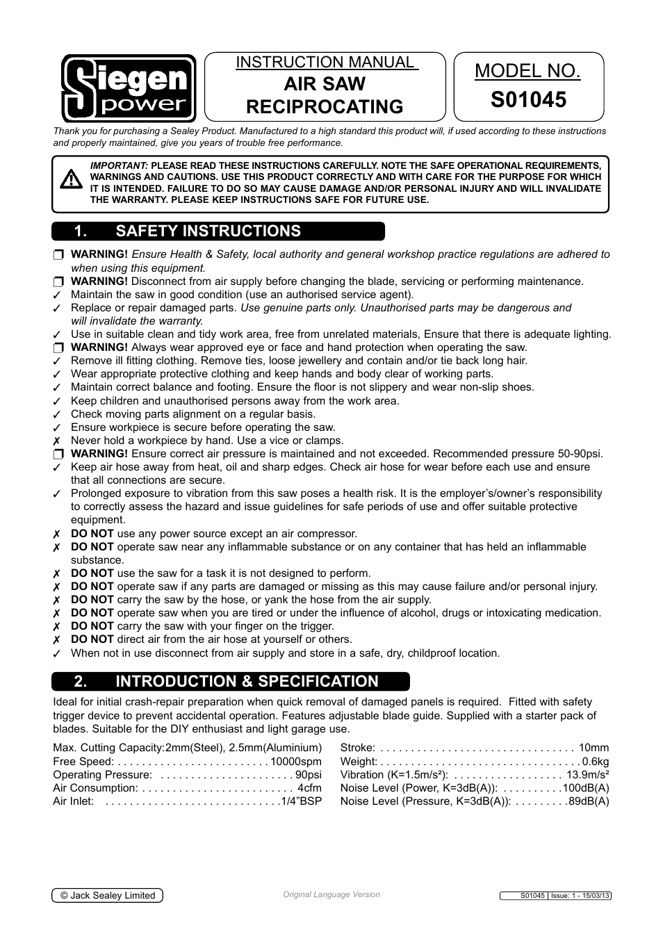 Sealey S01045 User Manual | 4 pages