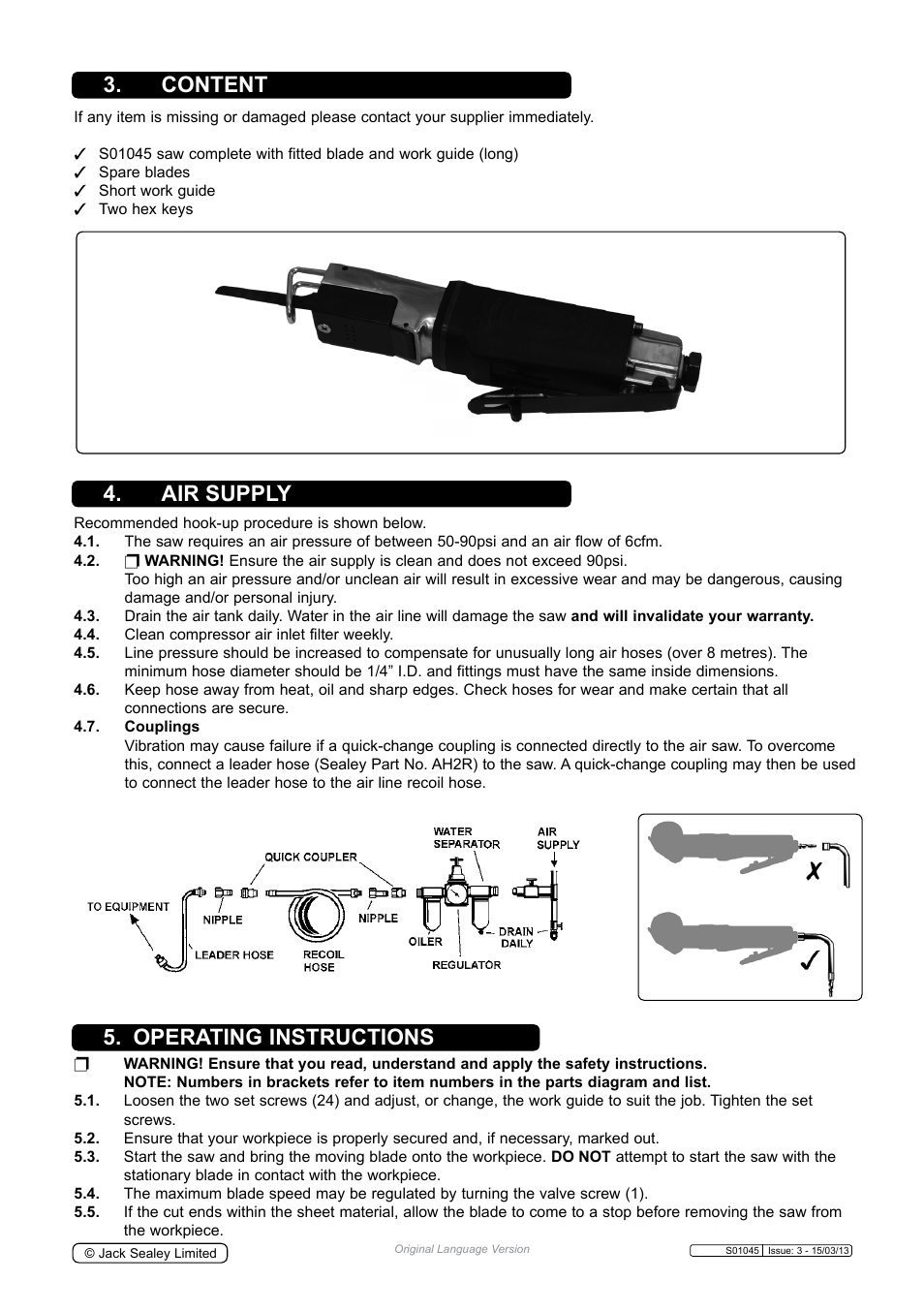 Content, Air supply 5. operating instructions | Sealey S01045 User Manual | Page 2 / 4
