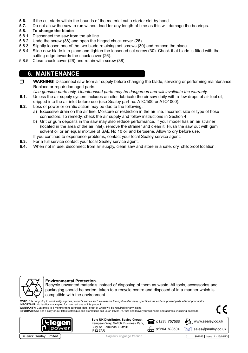 Maintenance | Sealey S01045 User Manual | Page 3 / 4