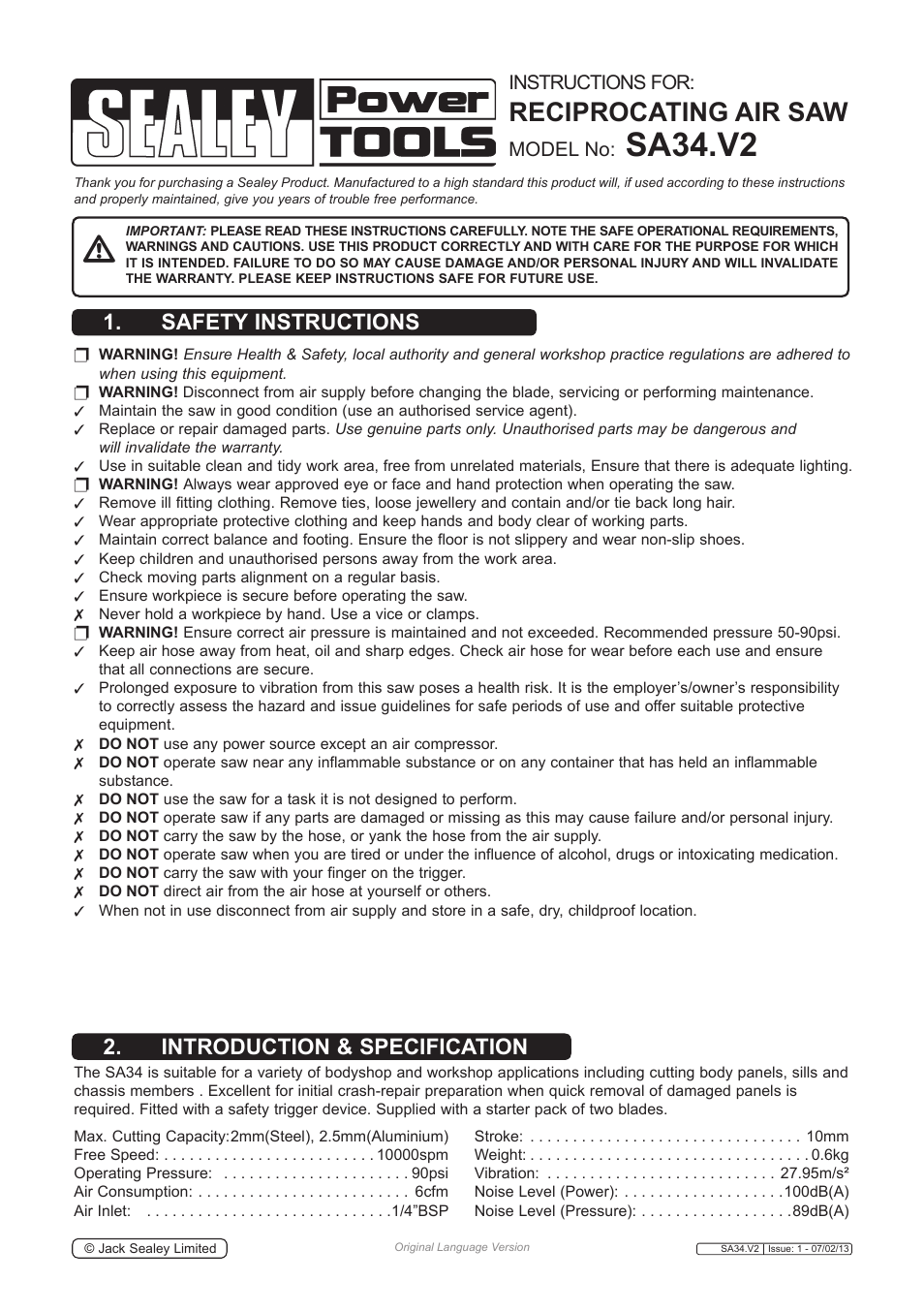 Sealey SA34 User Manual | 4 pages