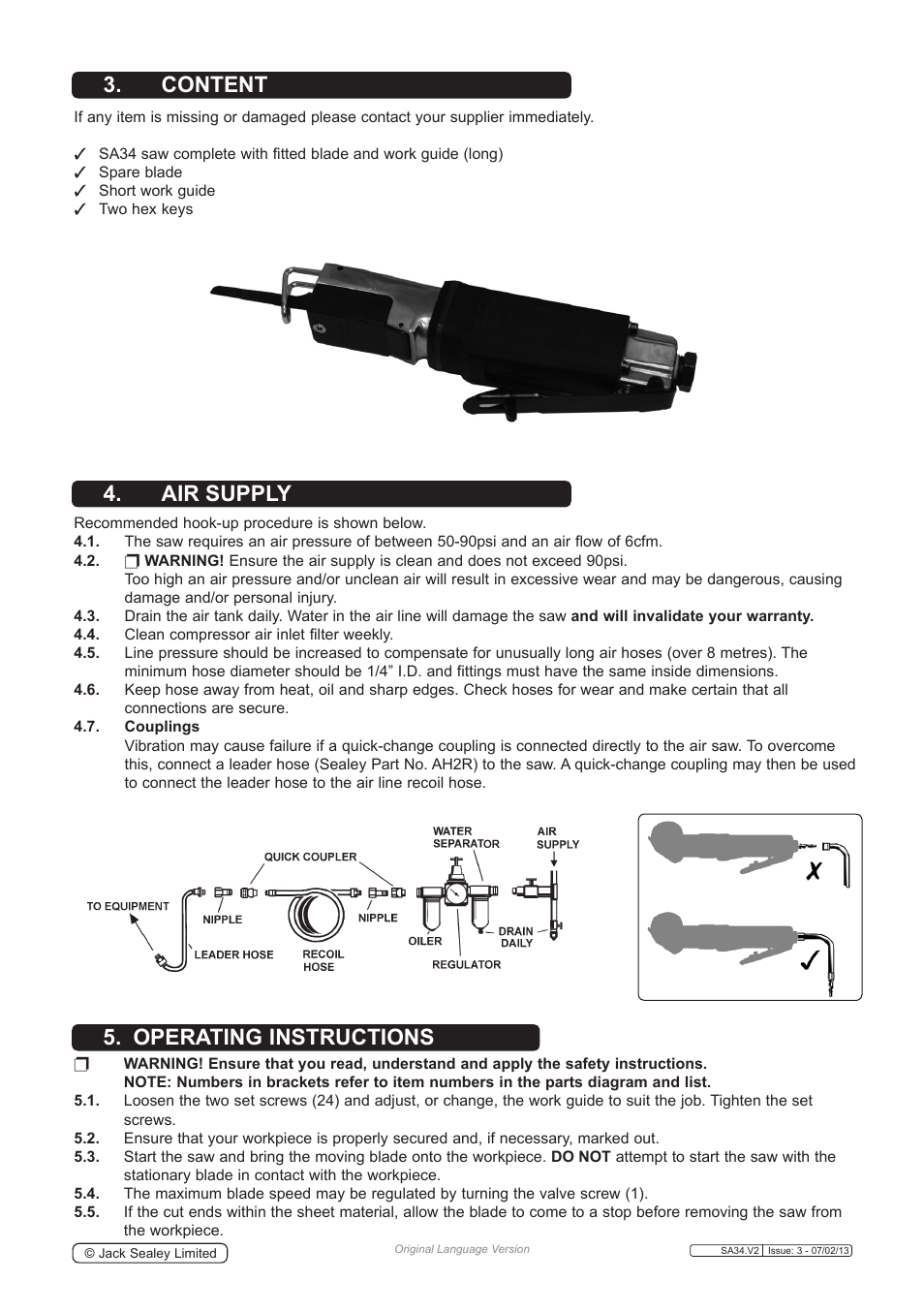 Content, Air supply 5. operating instructions | Sealey SA34 User Manual | Page 2 / 4