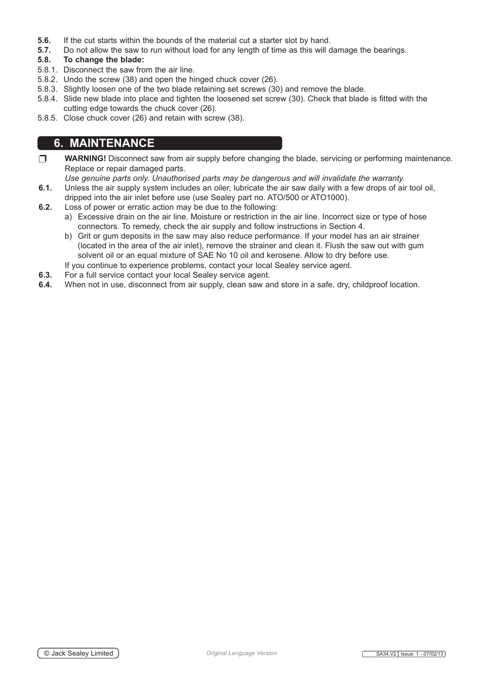 Maintenance | Sealey SA34 User Manual | Page 3 / 4