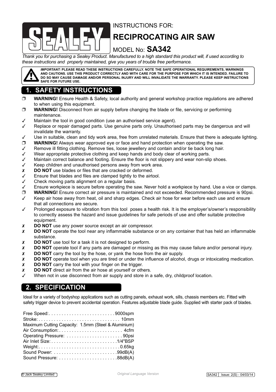 Sealey SA342 User Manual | 4 pages