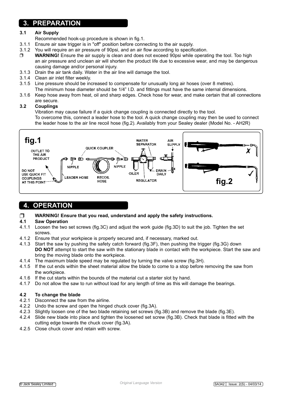 Fig.1 fig.2, Operation 3. preparation | Sealey SA342 User Manual | Page 2 / 4