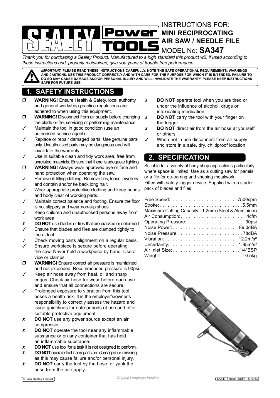 Sealey SA347 User Manual | 4 pages