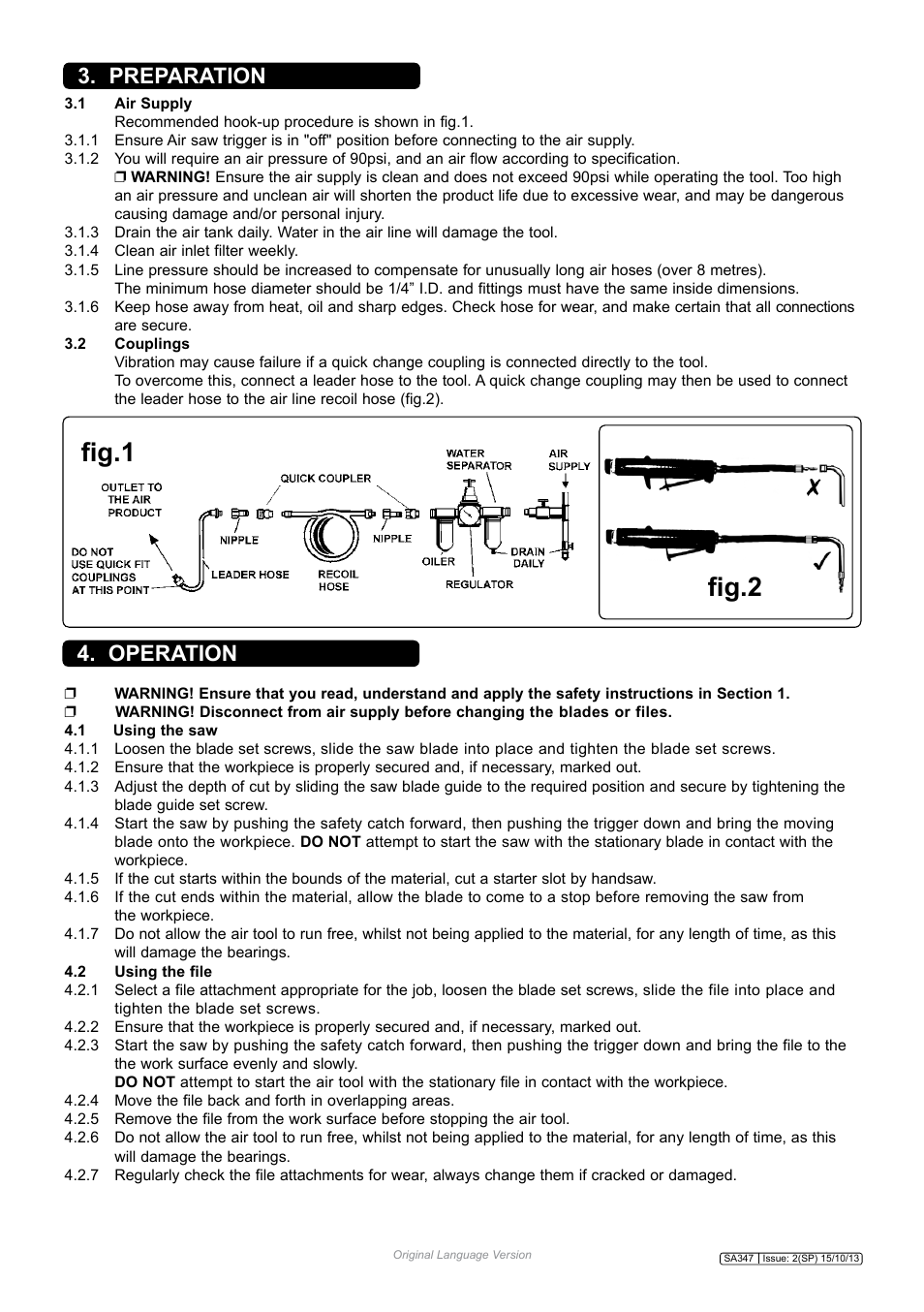 Fig.1 fig.2, Operation 3. preparation | Sealey SA347 User Manual | Page 2 / 4
