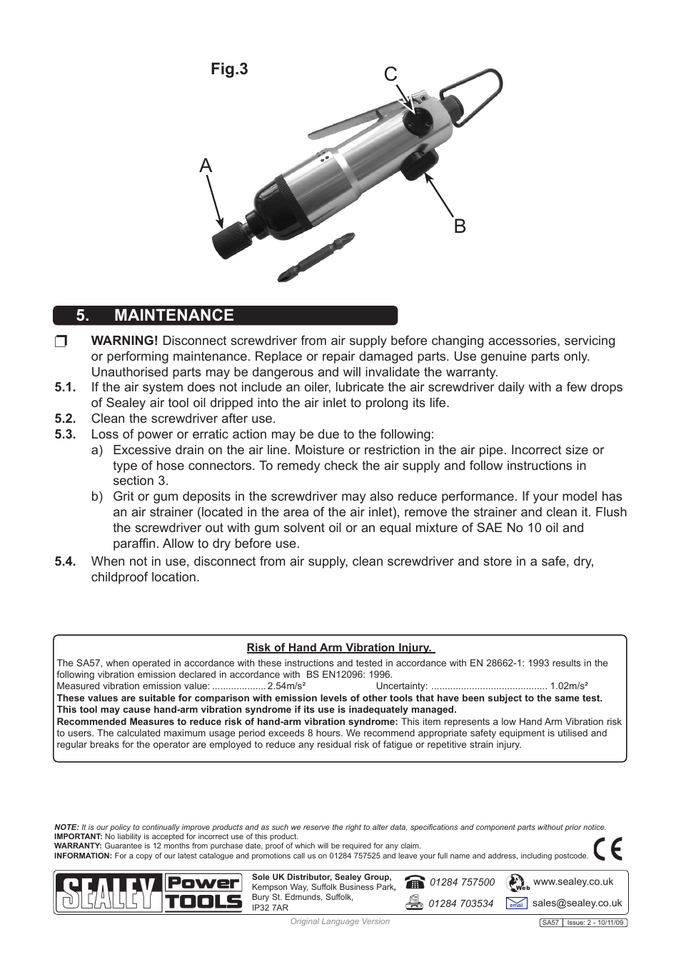 Ab c, Maintenance fig.3 | Sealey SA57 User Manual | Page 3 / 3