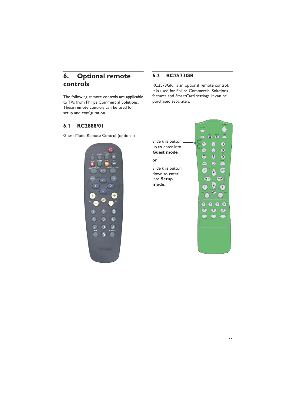 Optional remote controls, Guest mode remote control (optional) | Dolby Laboratories RC2573GR User Manual | Page 12 / 51