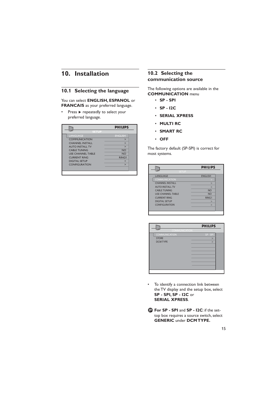 Installation 10, Selecting the language 10.1, Selecting the 10.2 communication source | Dolby Laboratories RC2573GR User Manual | Page 16 / 51