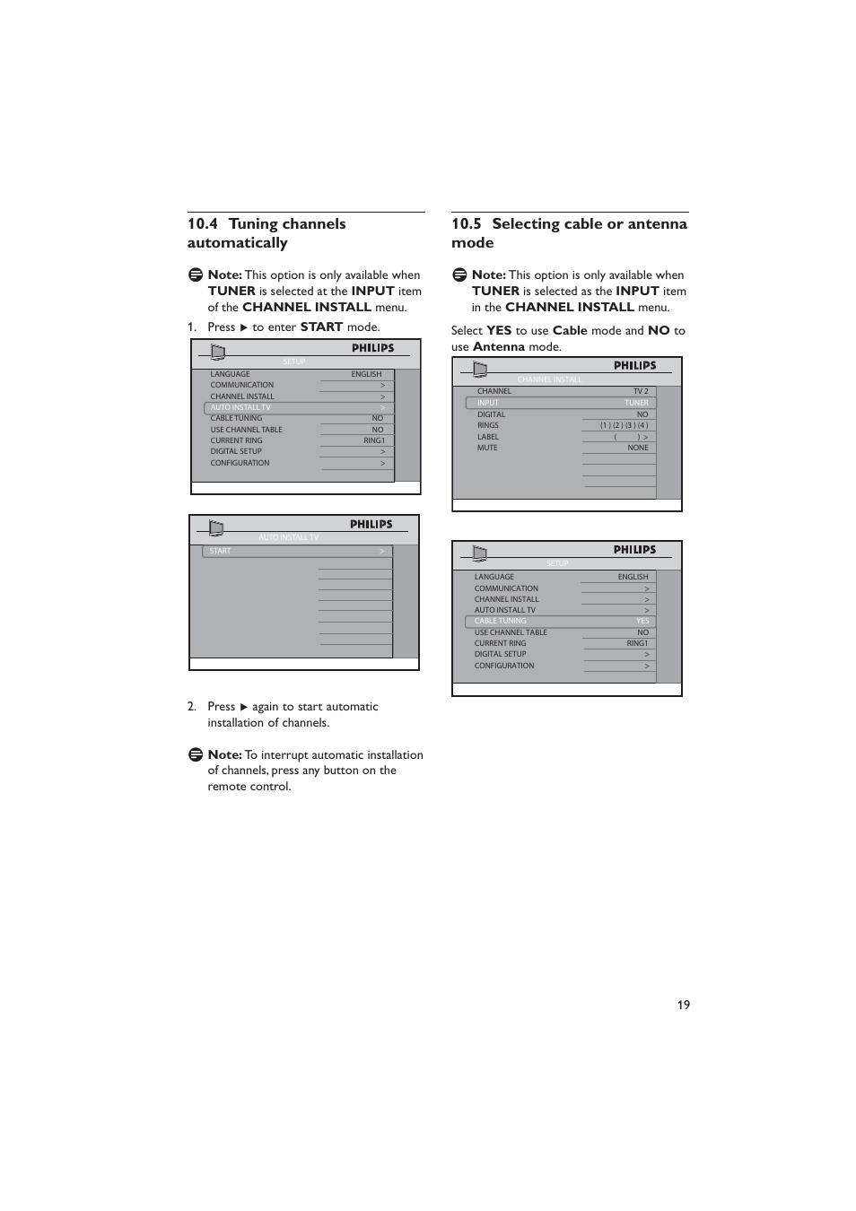 4 tuning channels automatically, 5 selecting cable or antenna mode | Dolby Laboratories RC2573GR User Manual | Page 20 / 51
