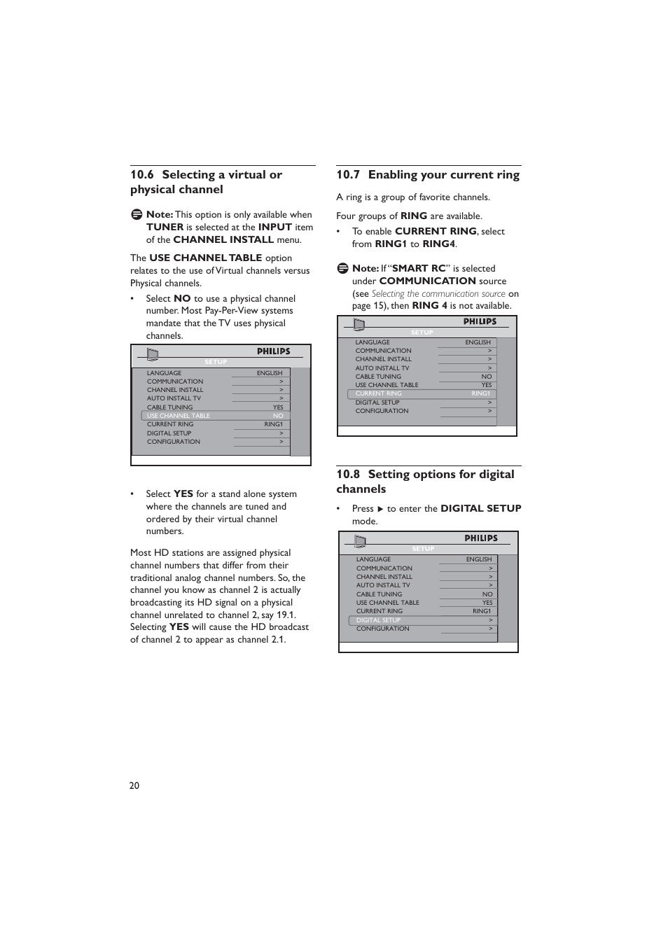 Selecting 10.6 a virtual or physical channel, Enabling your current ring 10.7, Setting options for digital 10.8 channels | Dolby Laboratories RC2573GR User Manual | Page 21 / 51