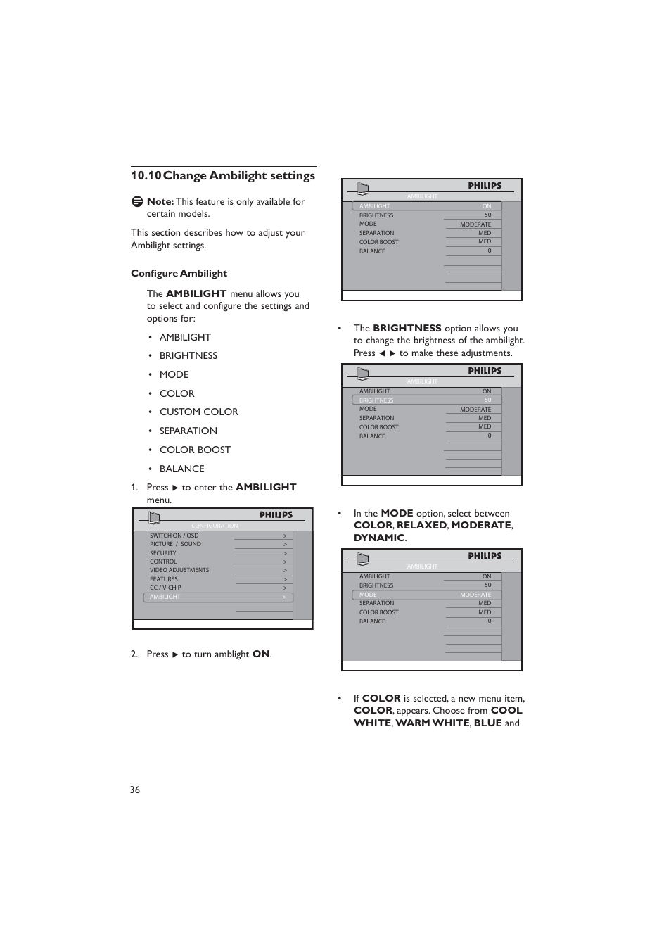 10 change ambilight settings | Dolby Laboratories RC2573GR User Manual | Page 37 / 51