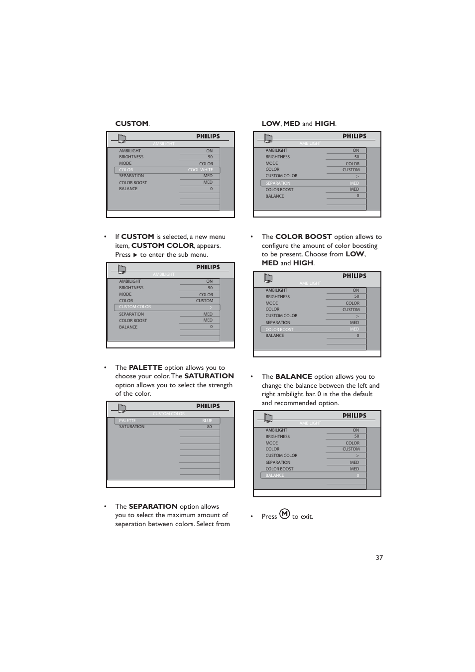 37 custom, Press • to exit | Dolby Laboratories RC2573GR User Manual | Page 38 / 51