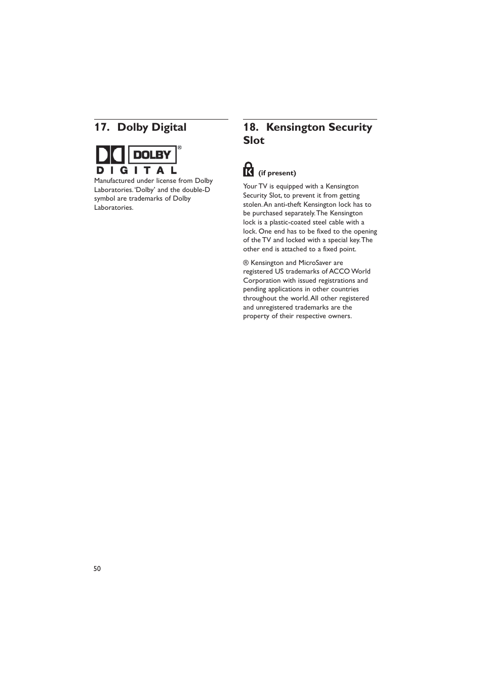 Dolby digital 17, Kensington security 18. slot | Dolby Laboratories RC2573GR User Manual | Page 51 / 51