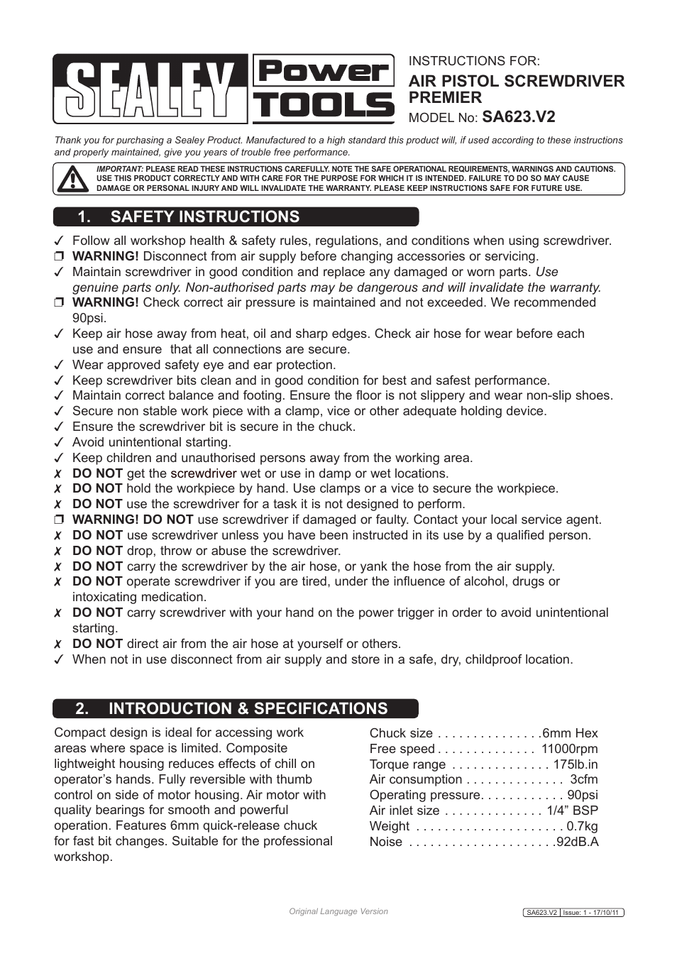 Sealey SA623 User Manual | 3 pages