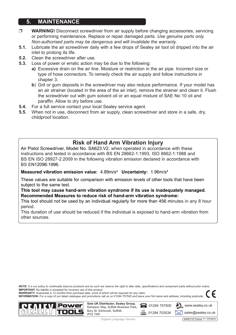 Maintenance, Risk of hand arm vibration injury | Sealey SA623 User Manual | Page 3 / 3