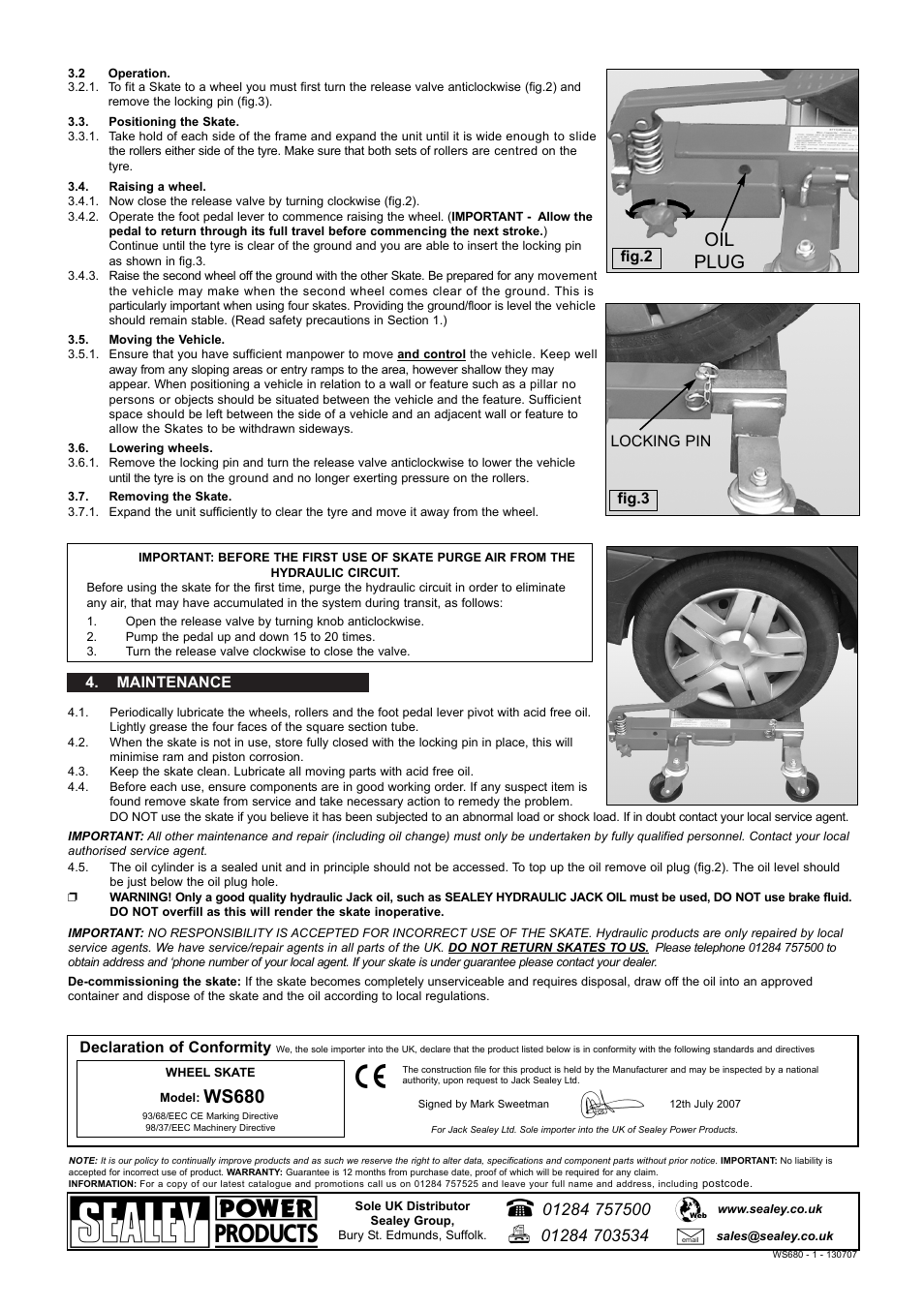 Ws680, Oil plug, Maintenance declaration of conformity | Fig.2 fig.3, Locking pin | Sealey WS680 User Manual | Page 2 / 2