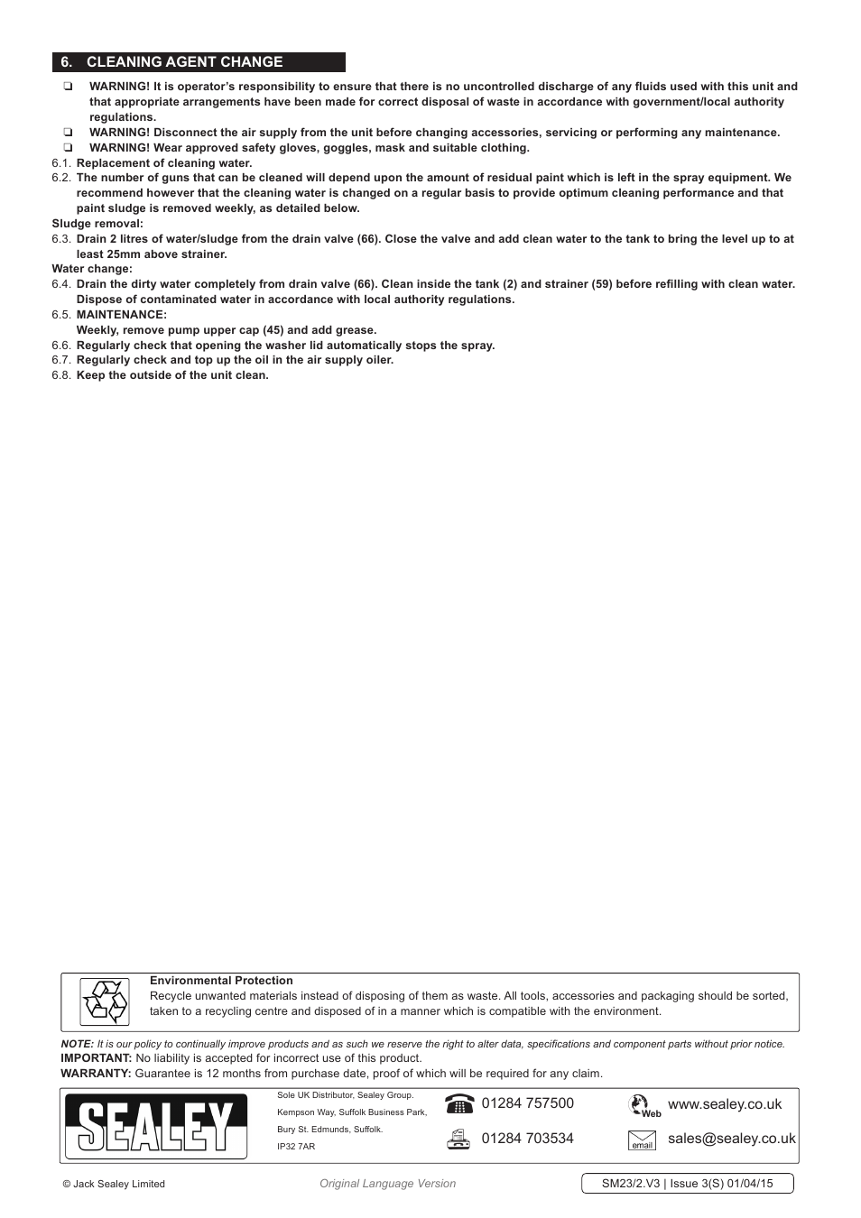 Cleaning agent change | Sealey SM23/2 User Manual | Page 3 / 3