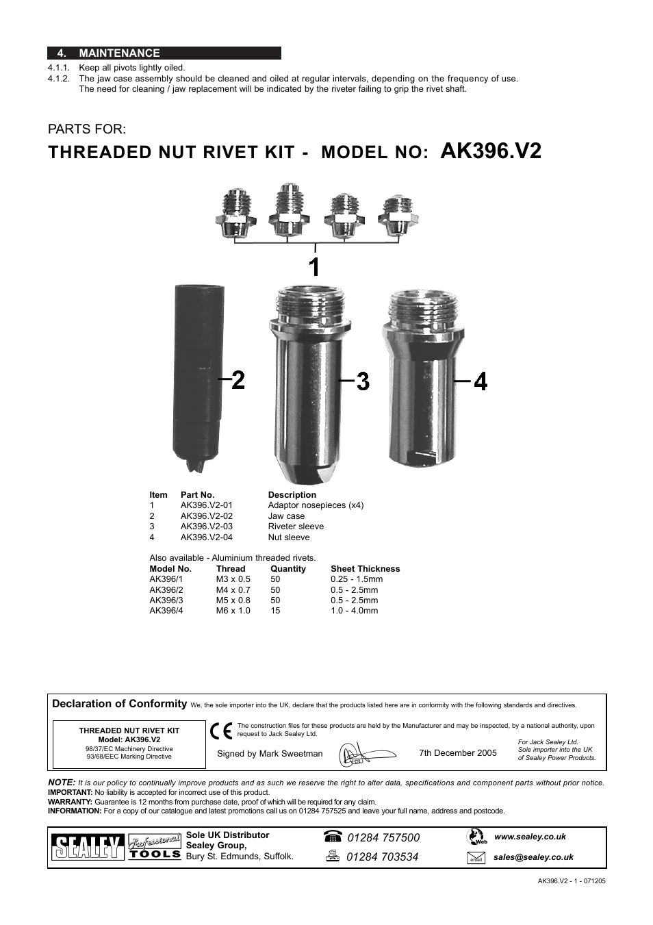 Ak396.v2, Threaded nut rivet kit - model no, Parts for | Maintenance, Declaration of conformity | Sealey AK396 User Manual | Page 3 / 3
